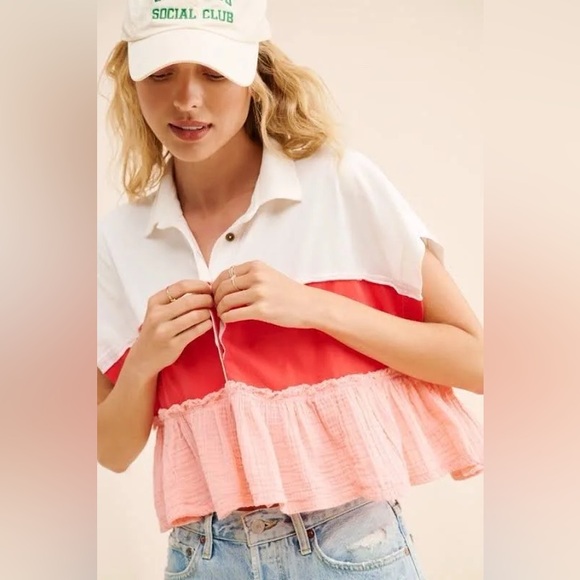 Anthropologie Pilcro Bonfire Rugby Ruffle Peplum Top in Pink Sz S NWOT - Picture 2 of 7